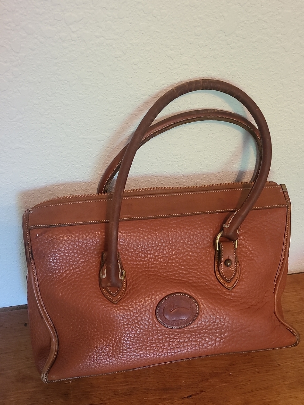 Vintage Dooney & Bourke Cognac Pebbled Leather Satchel with Brass Hardware